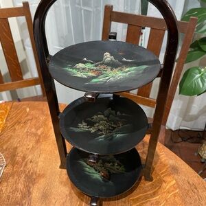 Vintage Chinoiserie Ebonized Black Three Tier Pie, Desert Table Stand, 17” high